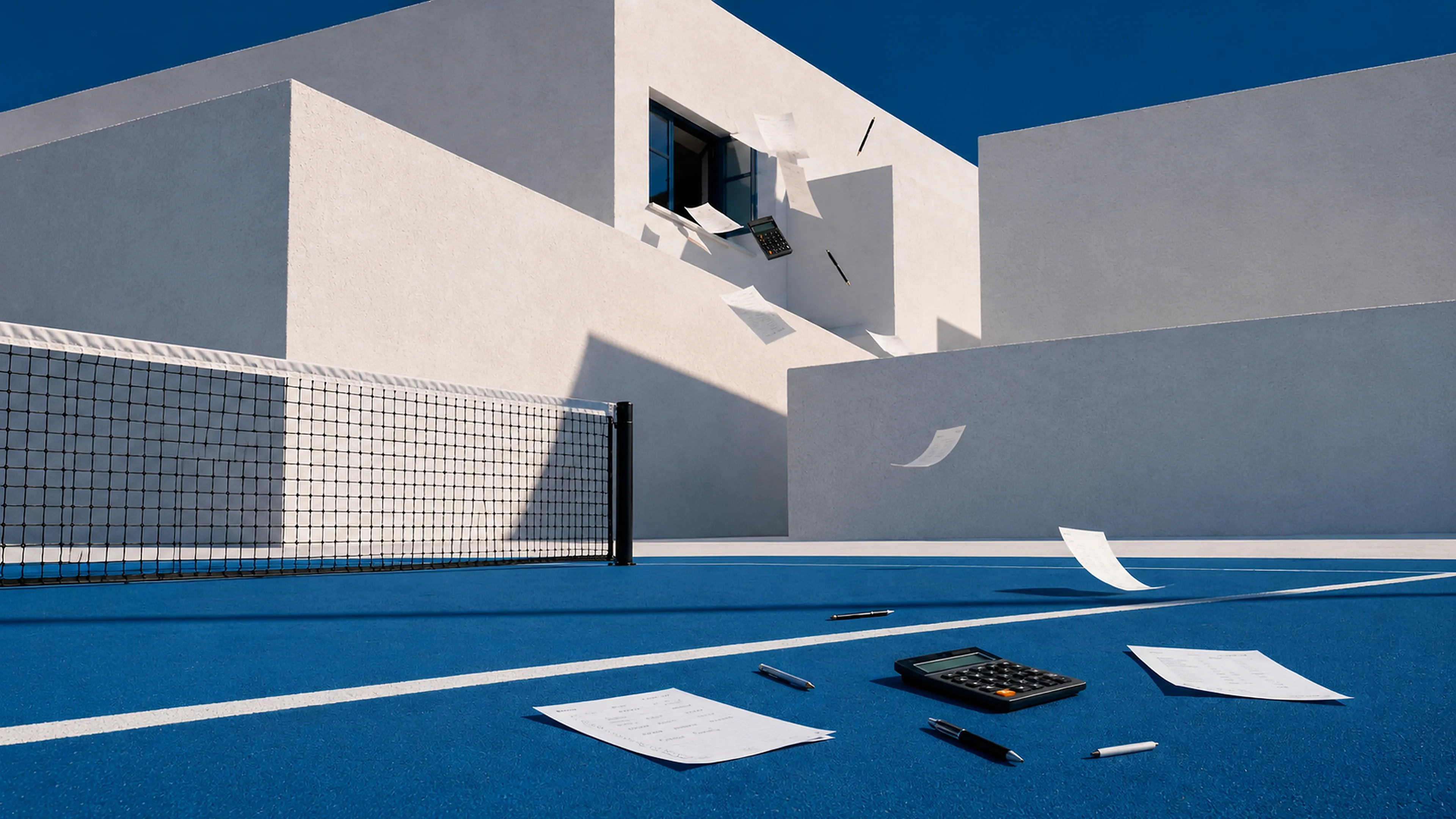 Pista azul con arquitectura blanca, papeles financieros y calculadora