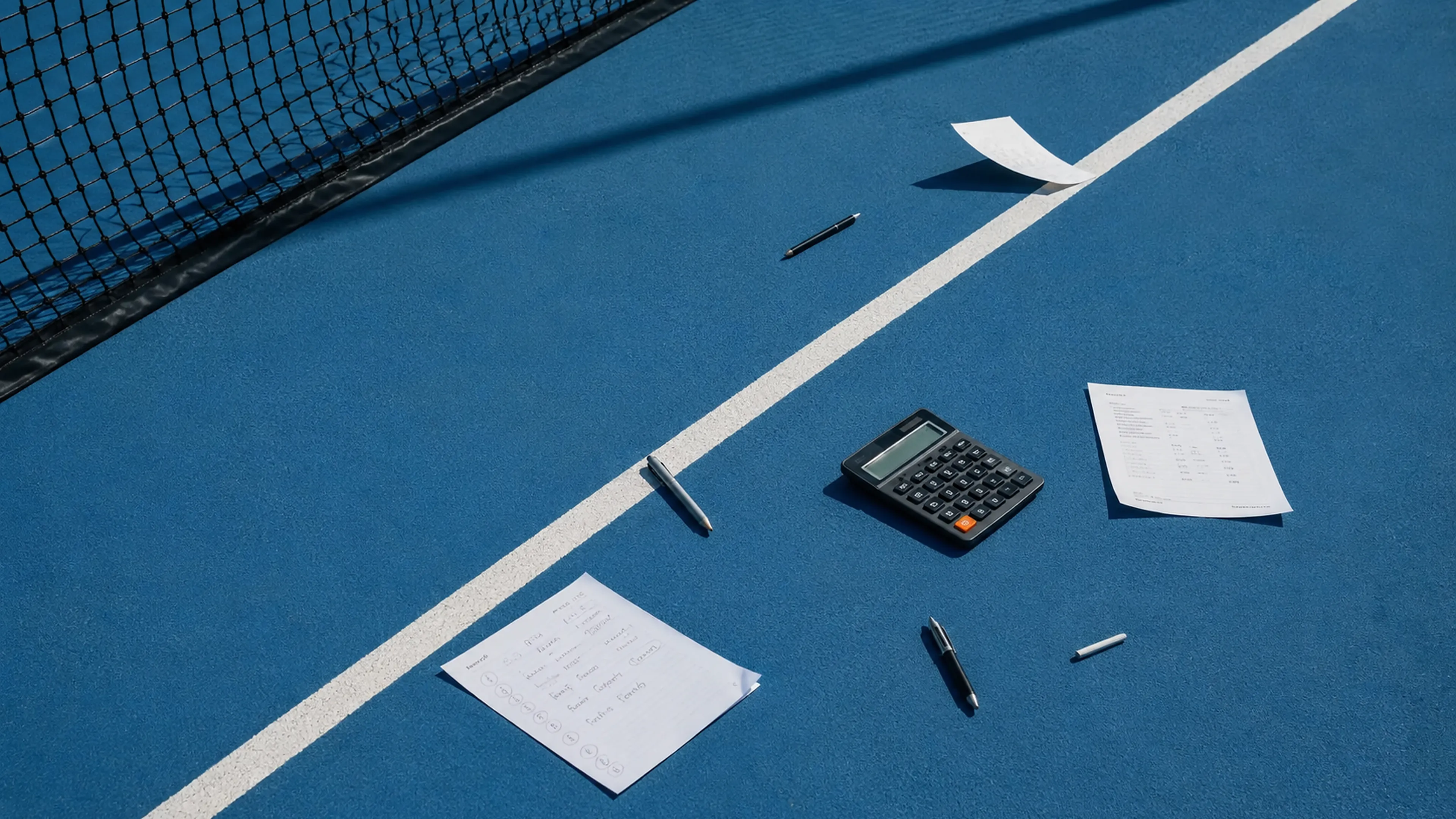 Escena editorial con documentación financiera sobre pista azul